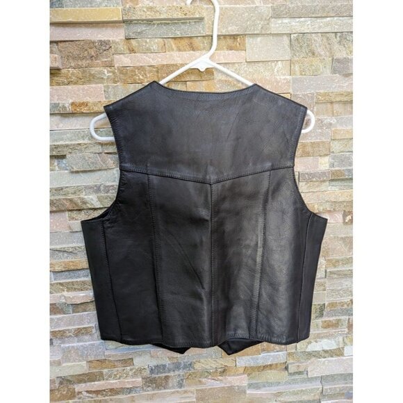 Mega Force Genuine Leather Black Motorcycle Riding Vest Pockets Size 14 - Picture 2 of 5